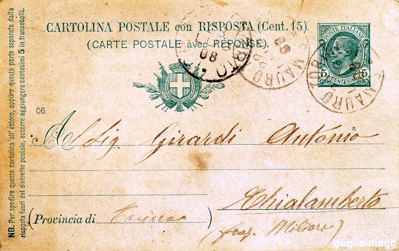Cartolina postale inviata il 22 luglio 1908 da San Mauro a Migliere