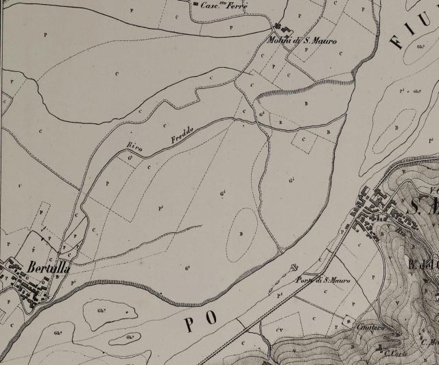 Particolare della Mappa “S. Mauro” 1850 Stamperia litografica M. Doyen e Comp: Dettaglio zona Bertulla-Porto-Oltre Po